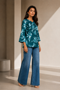 Nitya Teal Bloom Printed Cotton Short Kurti