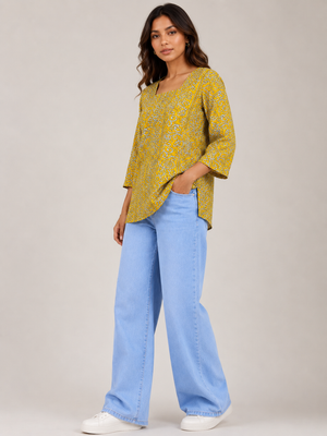 Nitya Women's Mustard Printed Cotton Kurti Top