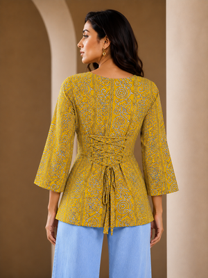Nitya Women's Mustard Printed Cotton Kurti Top