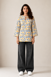 Nitya Women's White & Yellow Floral Printed Cotton Kurti Top