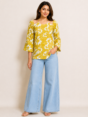 Nitya Women's Yellow Floral Printed Kurti Top | Casual & Work Wear