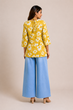 Nitya Women's Yellow Floral Printed Kurti Top | Casual & Work Wear