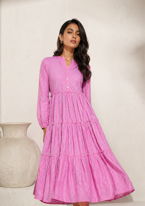 Pinky Cotton Lurex Tiered Midi Dress