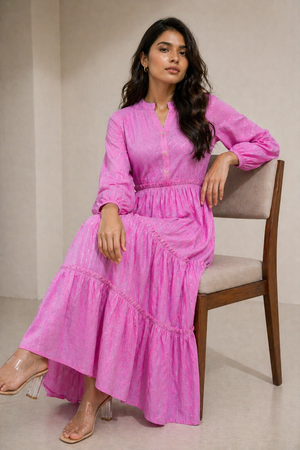 Pinky Cotton Lurex Tiered Midi Dress
