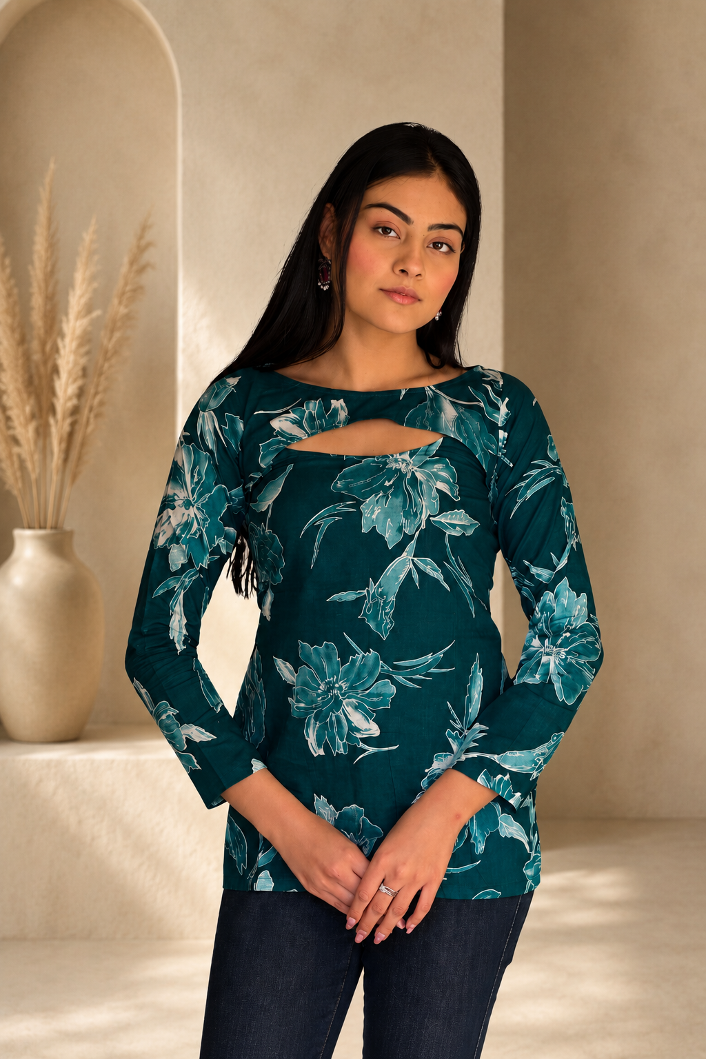 teal floral top for women