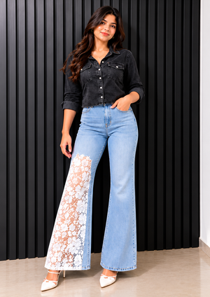 Engage Light Blue Women’s One-Leg  Net Designed Jeans