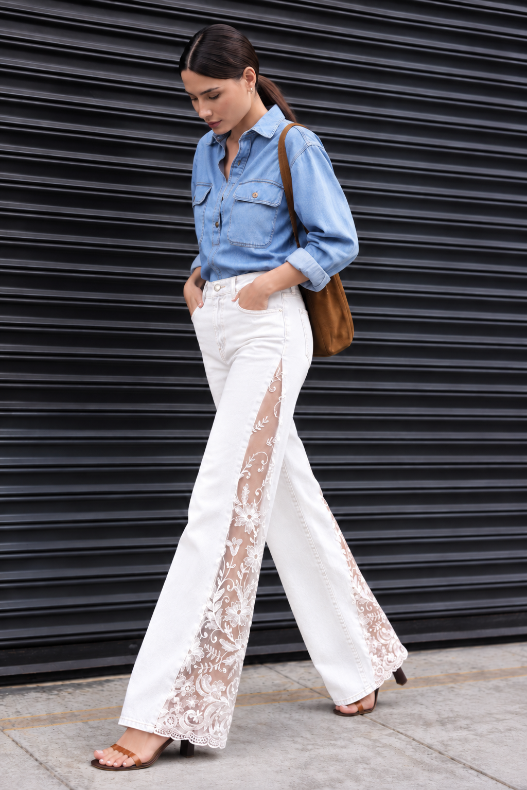 Engage White Women’s Lace Panel Wide Leg Flared Denim Jeans