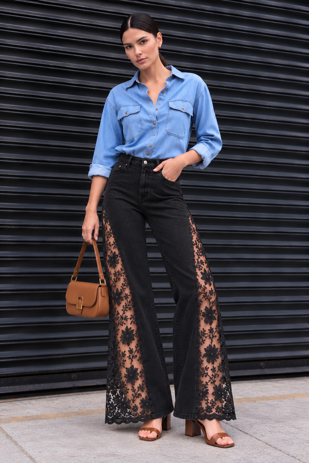 Engage Black Women’s Lace Panel Wide Leg Flared Denim Jeans