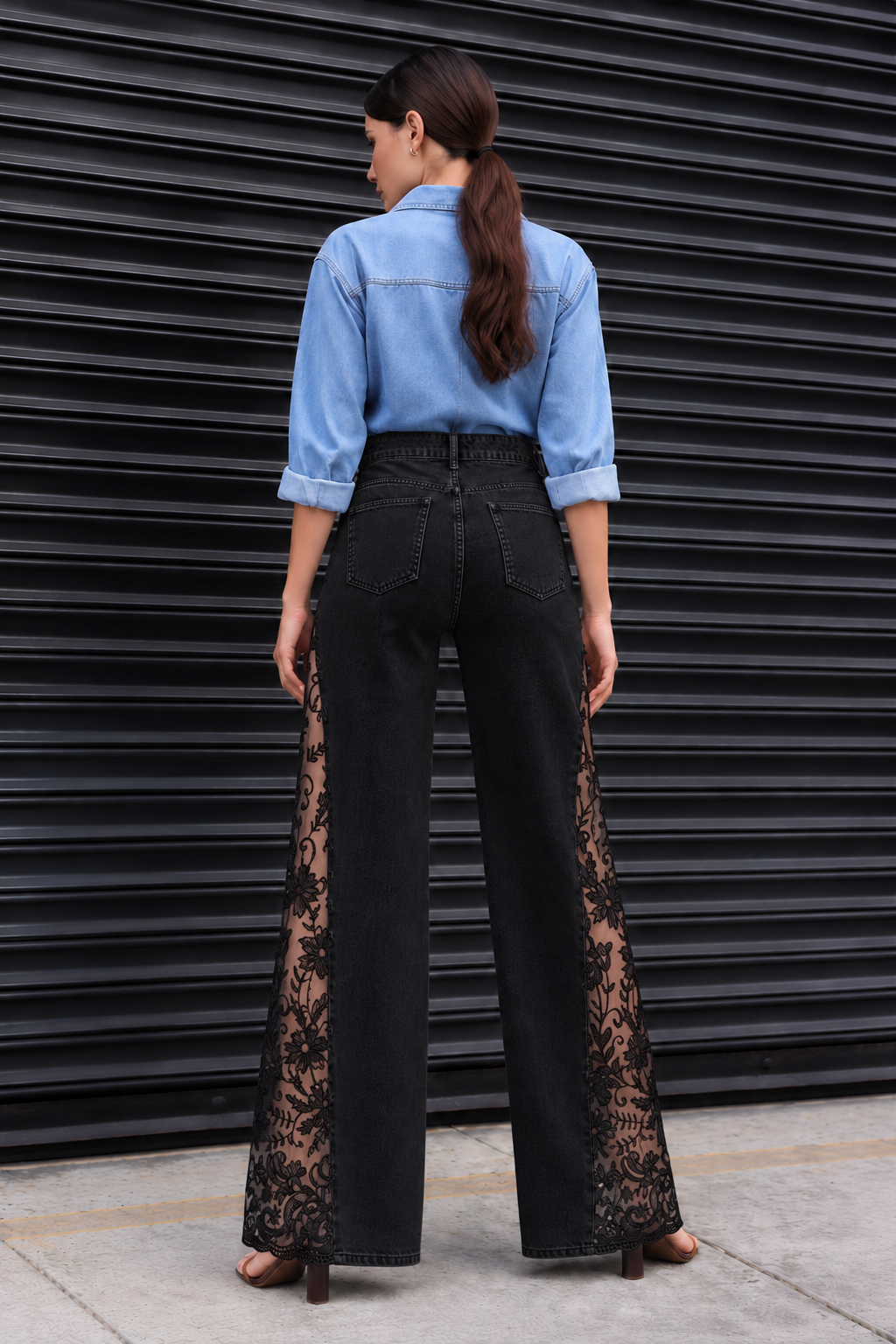 Engage Black Women’s Lace Panel Wide Leg Flared Denim Jeans