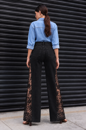 Engage Black Women’s Lace Panel Wide Leg Flared Denim Jeans