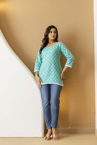 Mohini Teal Floral Short Straight Kurti
