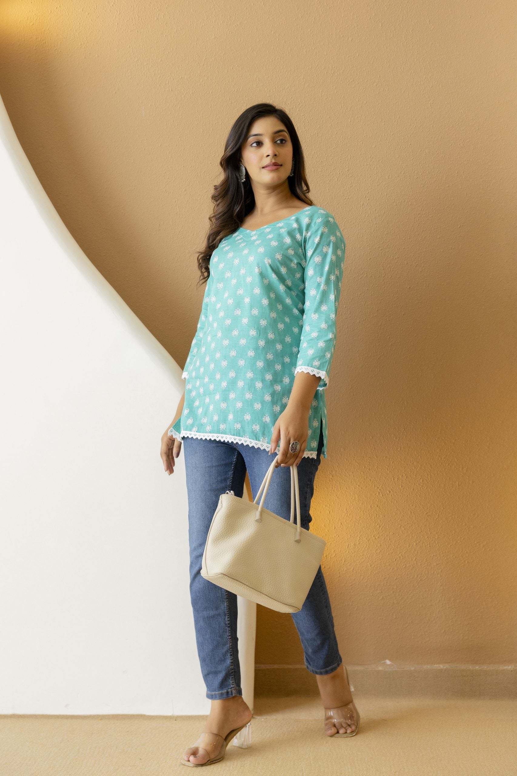 "Mohini Teal Floral Short Straight Kurti"