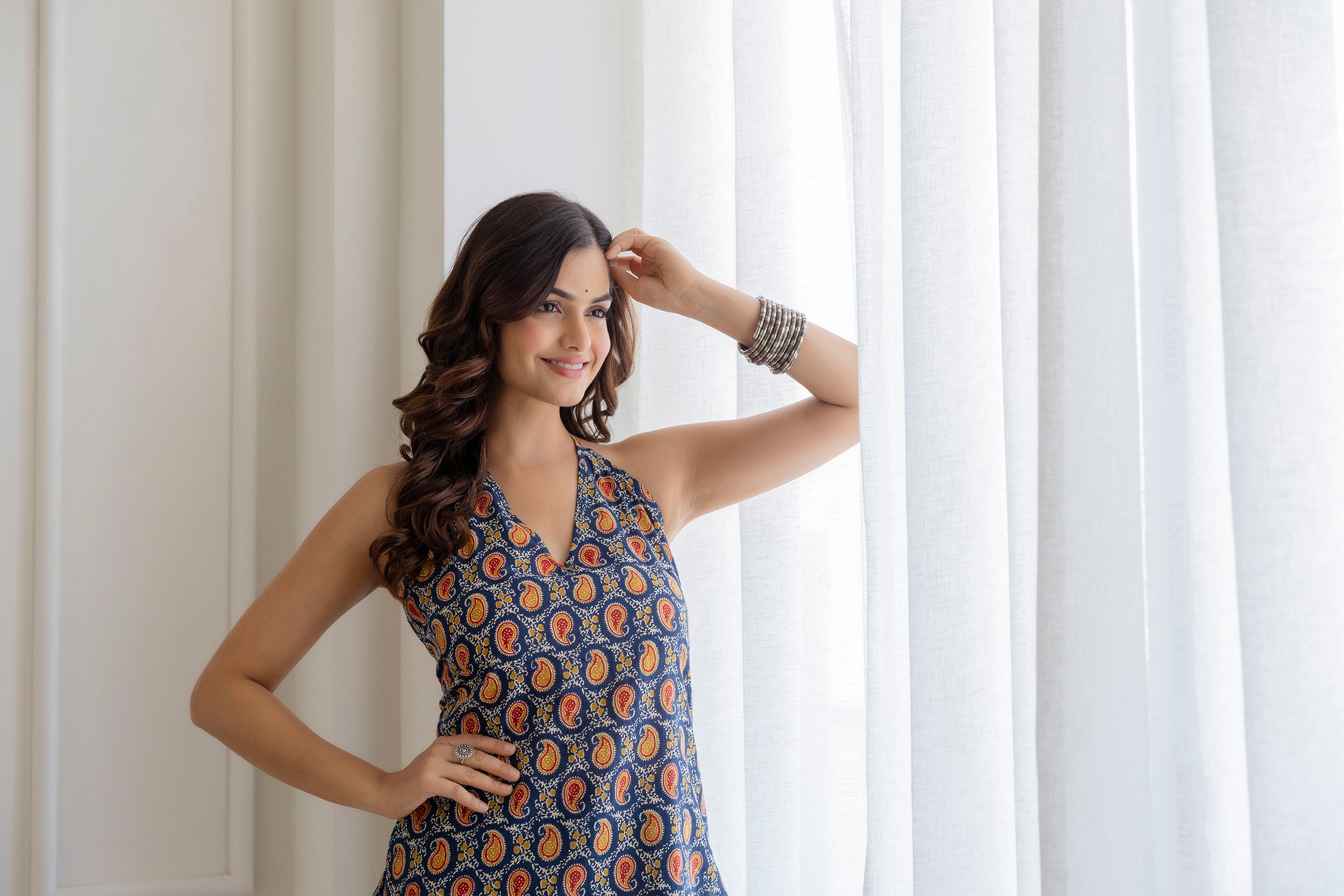 "Mohini Navy Blue Halter Neck Corset Kurti"