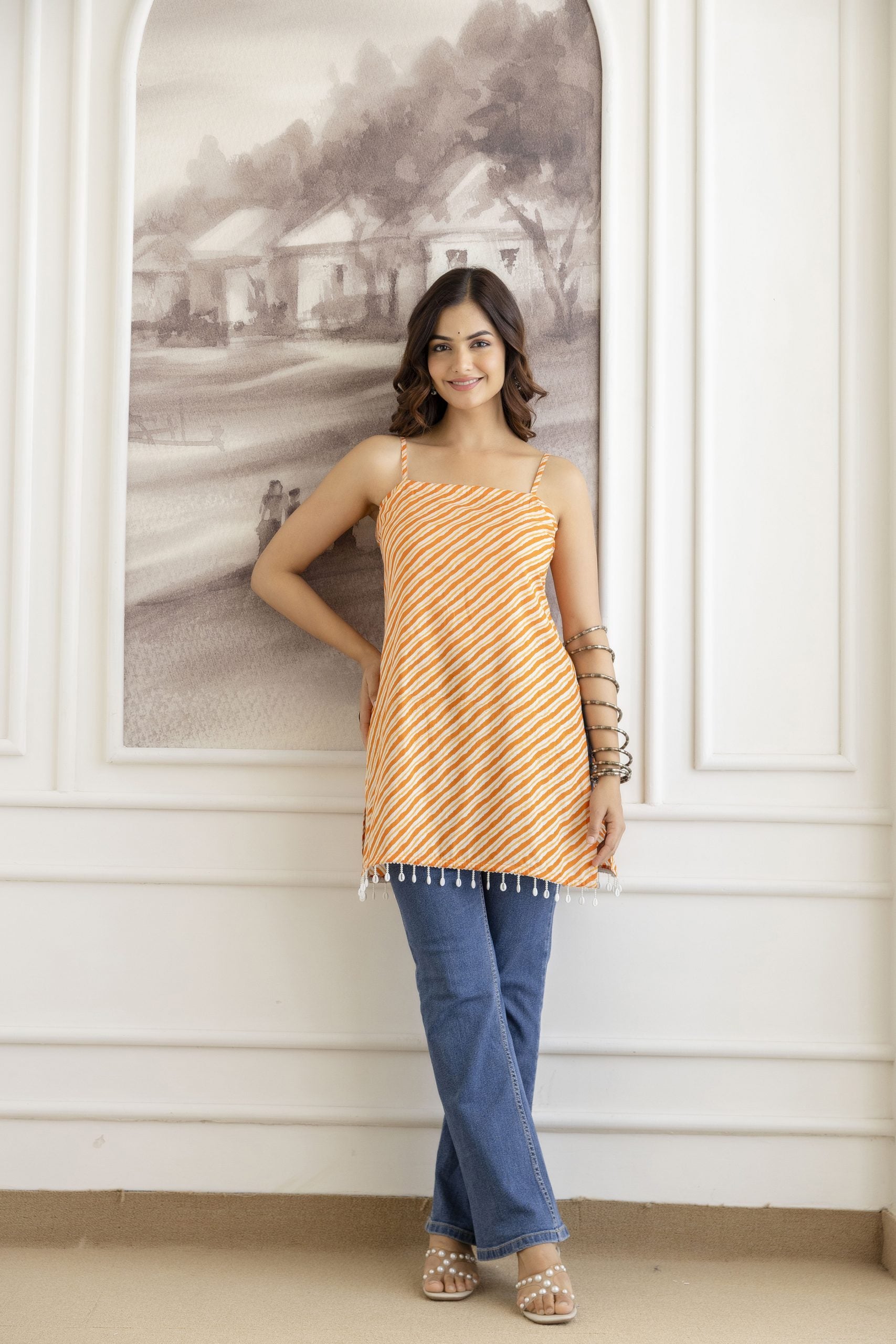 Mohini Orange Striped Noodle Strap Sleeveless Corset Kurti by Vaaki