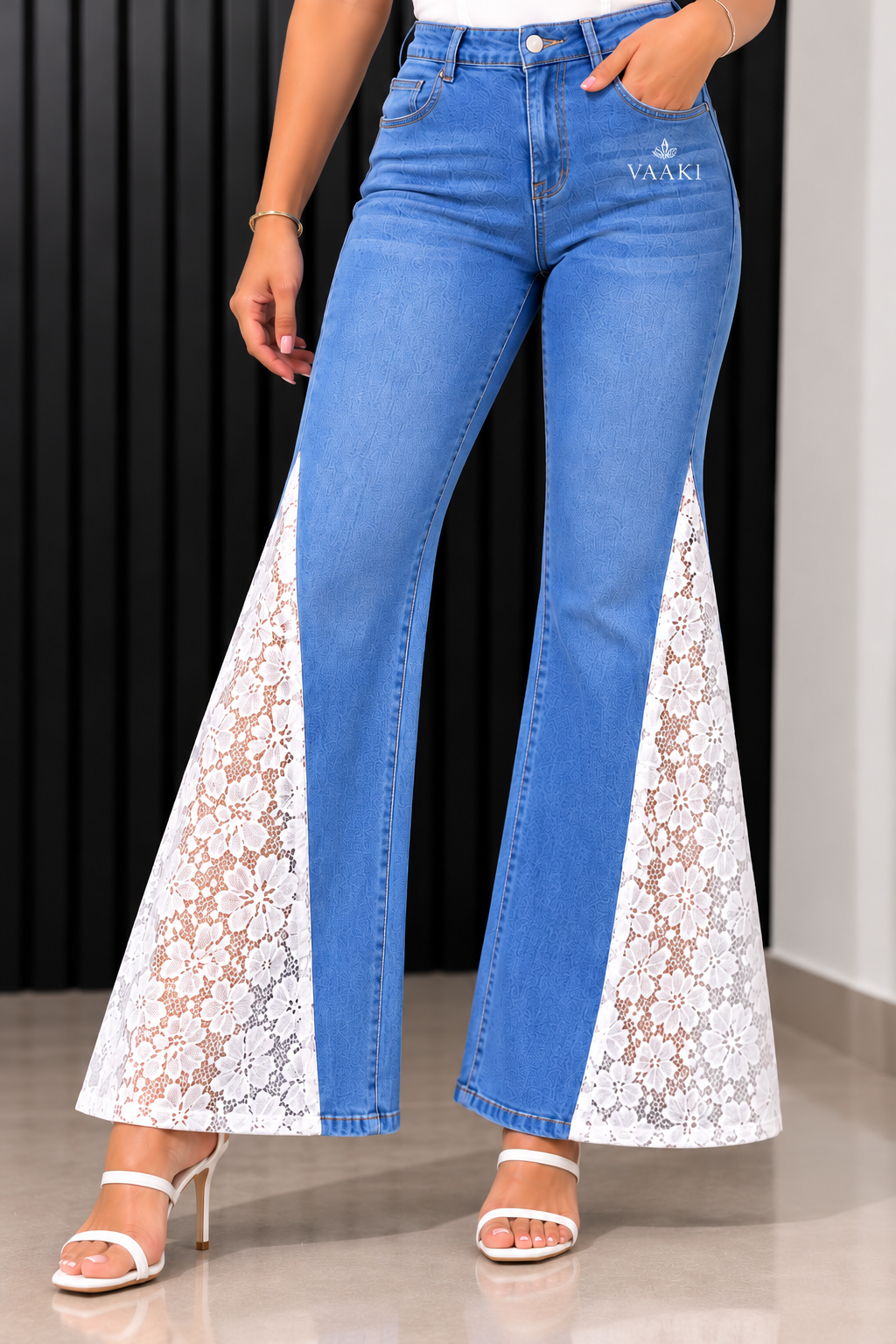 Engage Light Blue Women's Lace Panel Wide Leg Flared Jeans – High-Rise Trousers