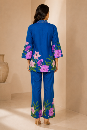 Bloom Blue Floral Cotton Co-Ord Set for Women | Printed Top & Pants Set