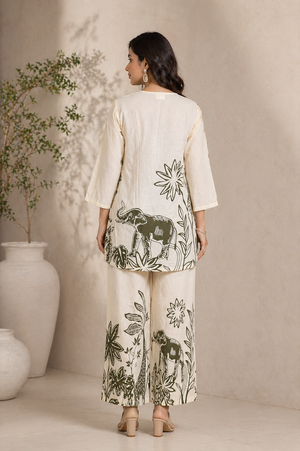 Bloom Women Beige Printed Cotton Co-Ord Set with Wide Leg Palazzo Pants