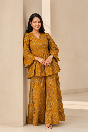 Draksha Mustard Printed Premium Cotton Co-ord Set