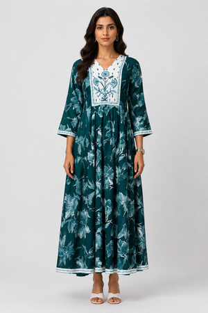 Urvasi Women’s Teal Cotton Floral Printed Anarkali Dress | Elegant Maxi Ethnic Dress