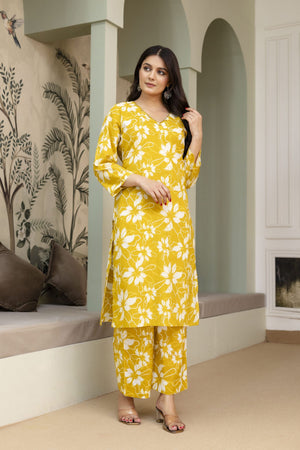 Vrati Yellow Floral Printed Cotton Co-ord Set