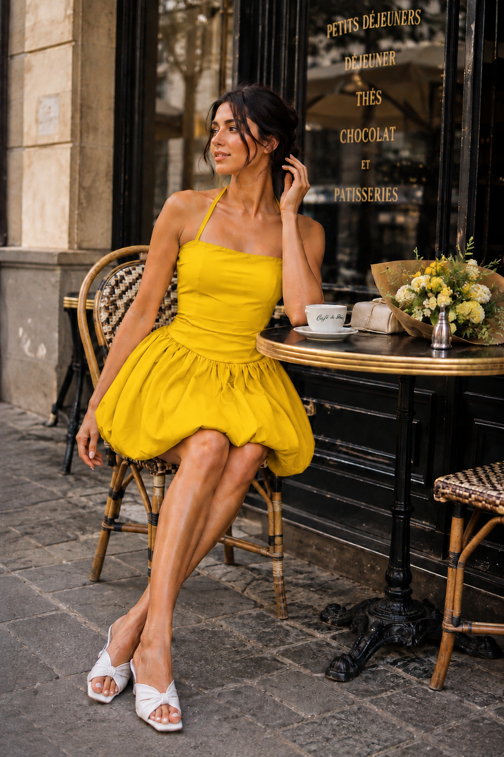 Yellow Halter Neck Bubble Mini Dress for Women | Lace-Up Back
