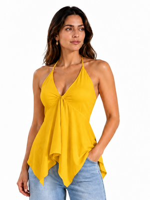 Women’s Yellow Crepe Halter Neck Top – Back Smocked, Sleeveless & Flared Fit