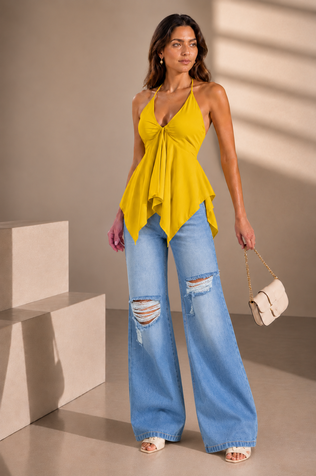 Women’s Yellow Crepe Halter Neck Top – Back Smocked, Sleeveless & Flared Fit