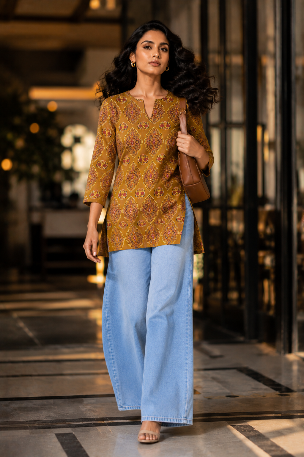 Nitya Women's Mustard Ethnic Printed Cotton Kurti Top | 100% Premium Cotton
