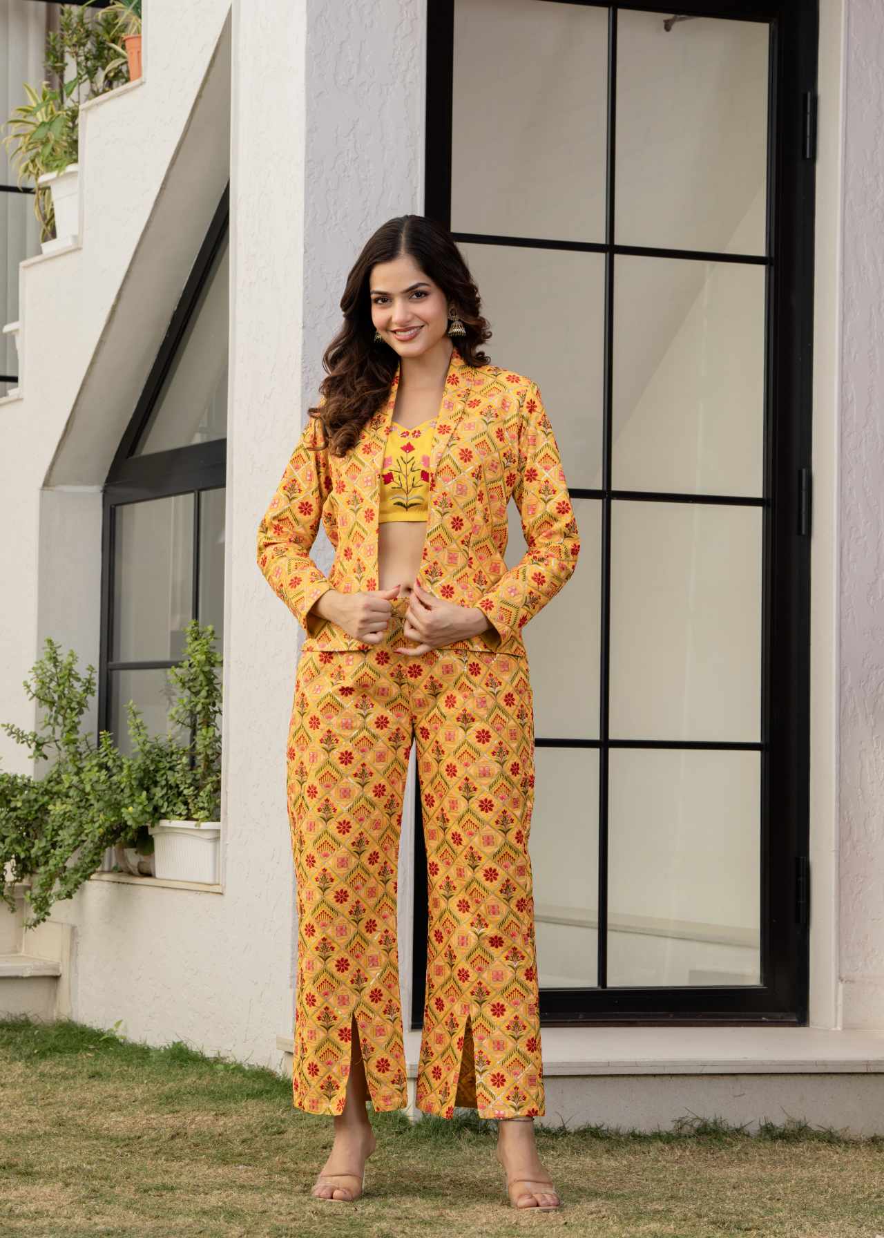 Designer Western Wear Yellow 3 Piece Crop Top Coat Pant Set for Women