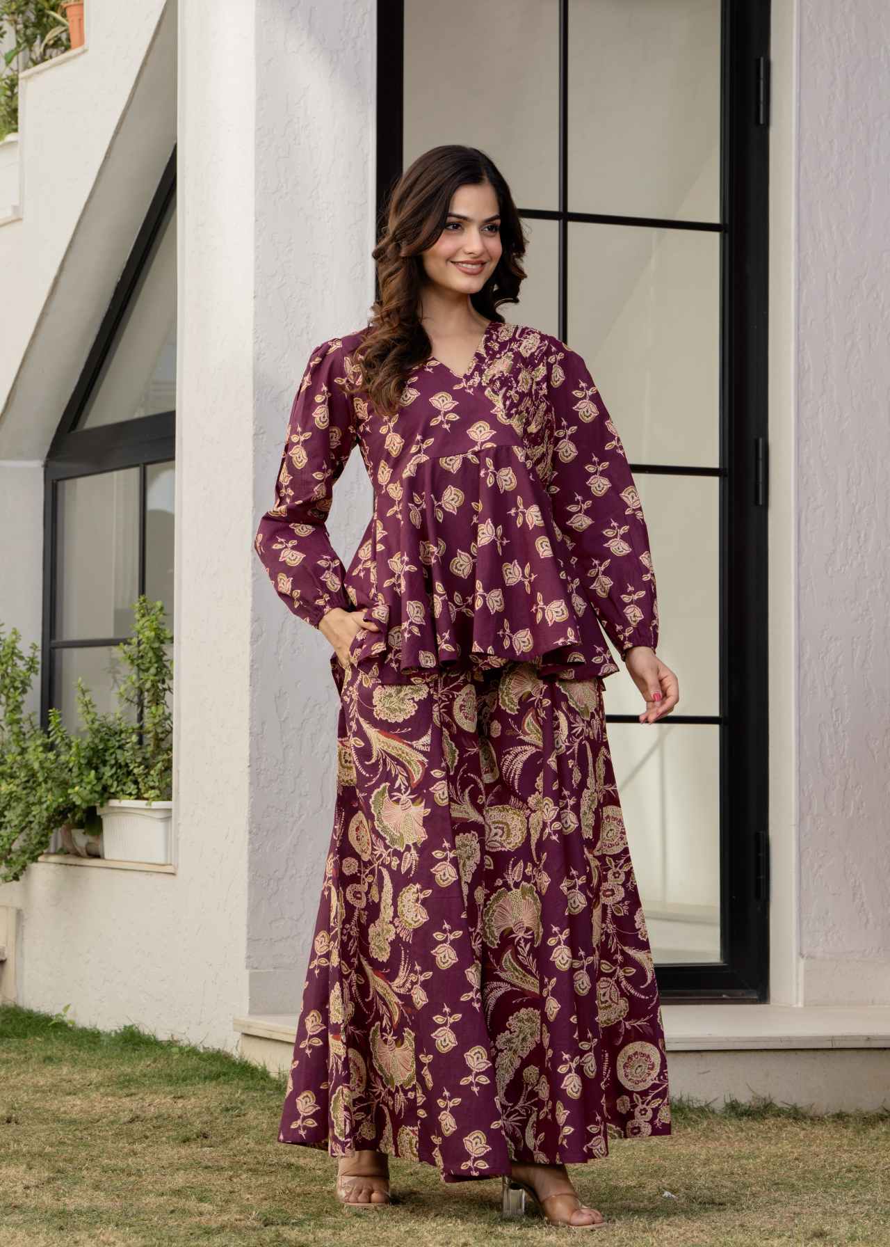 "Buy Designer Wine Floral Printed Premium Cotton Co-ord Set for Women Online"