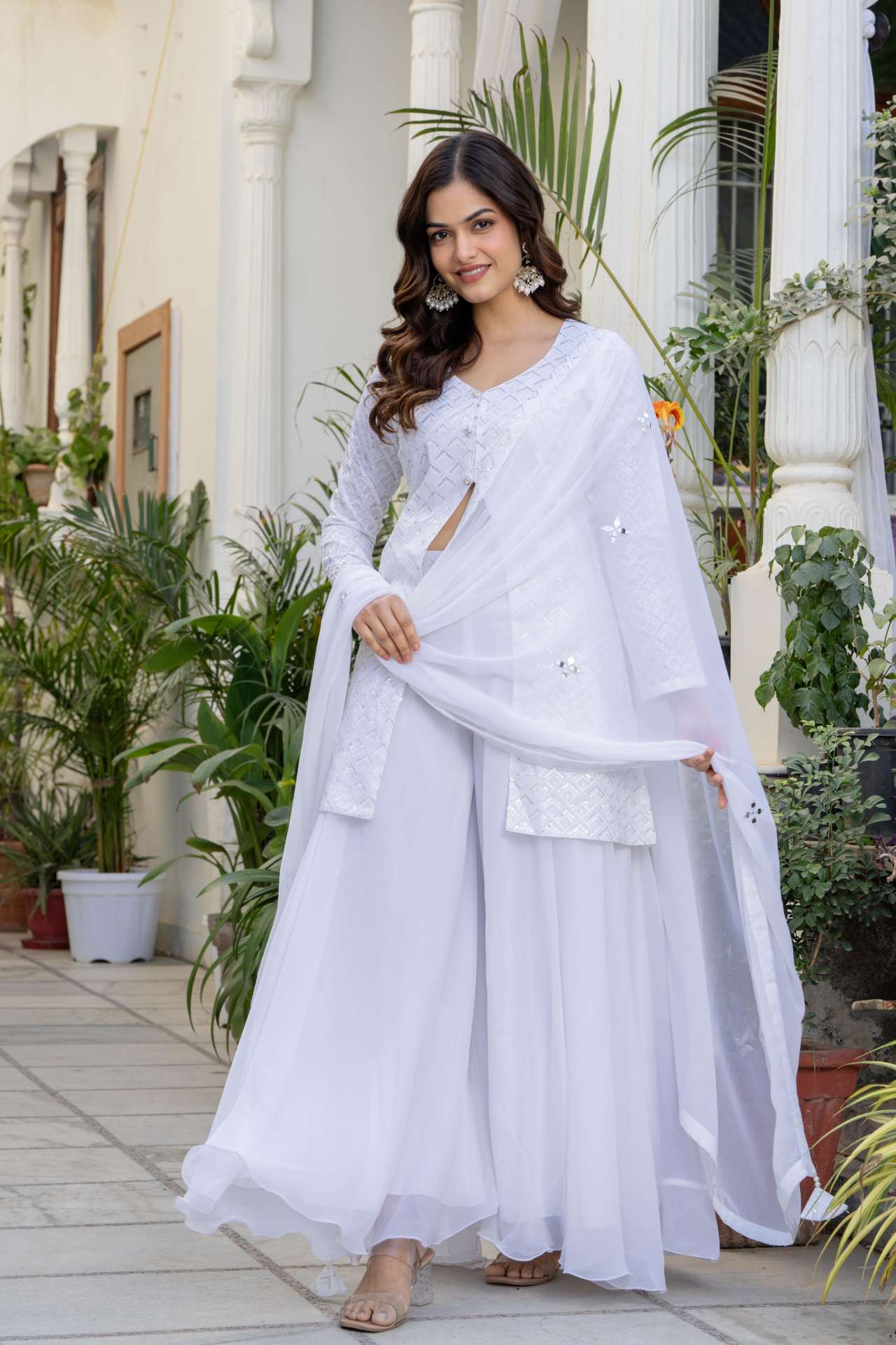 Shop Festive Ethnic Wear White Georgette Kurti Palazzo Set for Women