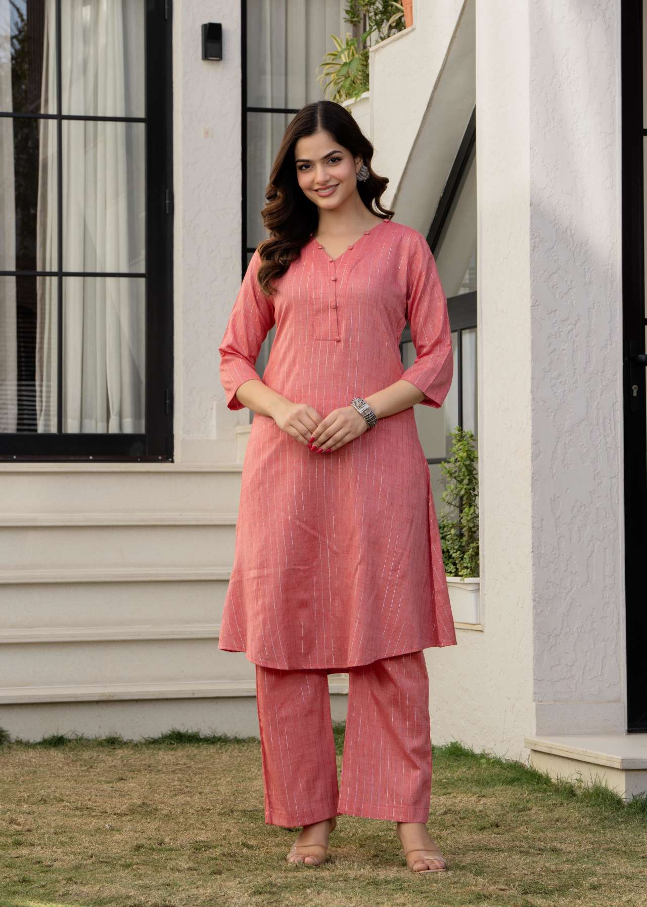 Pink Cotton Lurex Kurta Set for Women