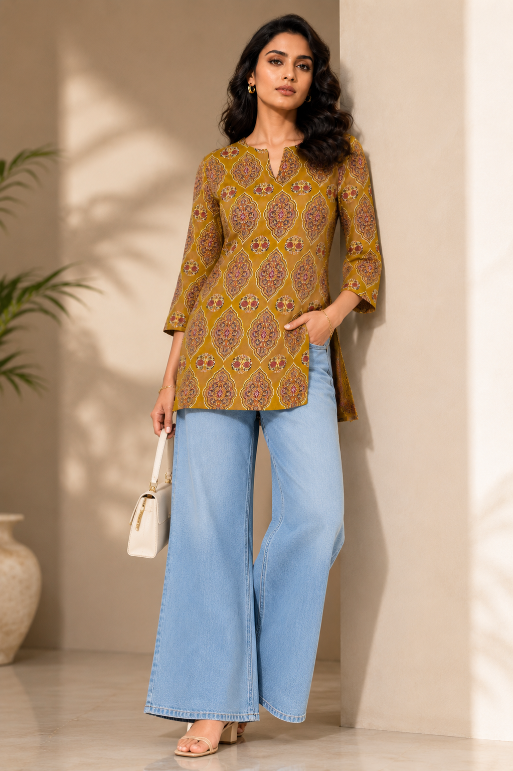 Nitya Women's Mustard Ethnic Printed Cotton Kurti Top | 100% Premium Cotton