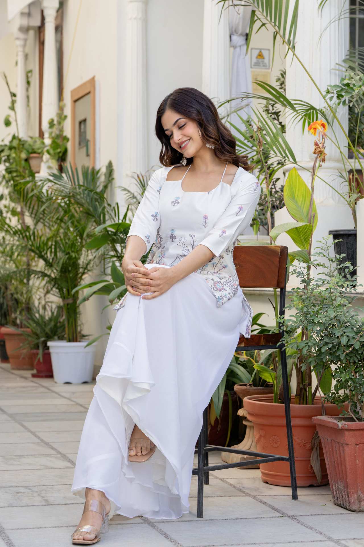 "Buy Halter Neck Style Corset Back Ivory Embroidered Kurti with Palazzo for Women"