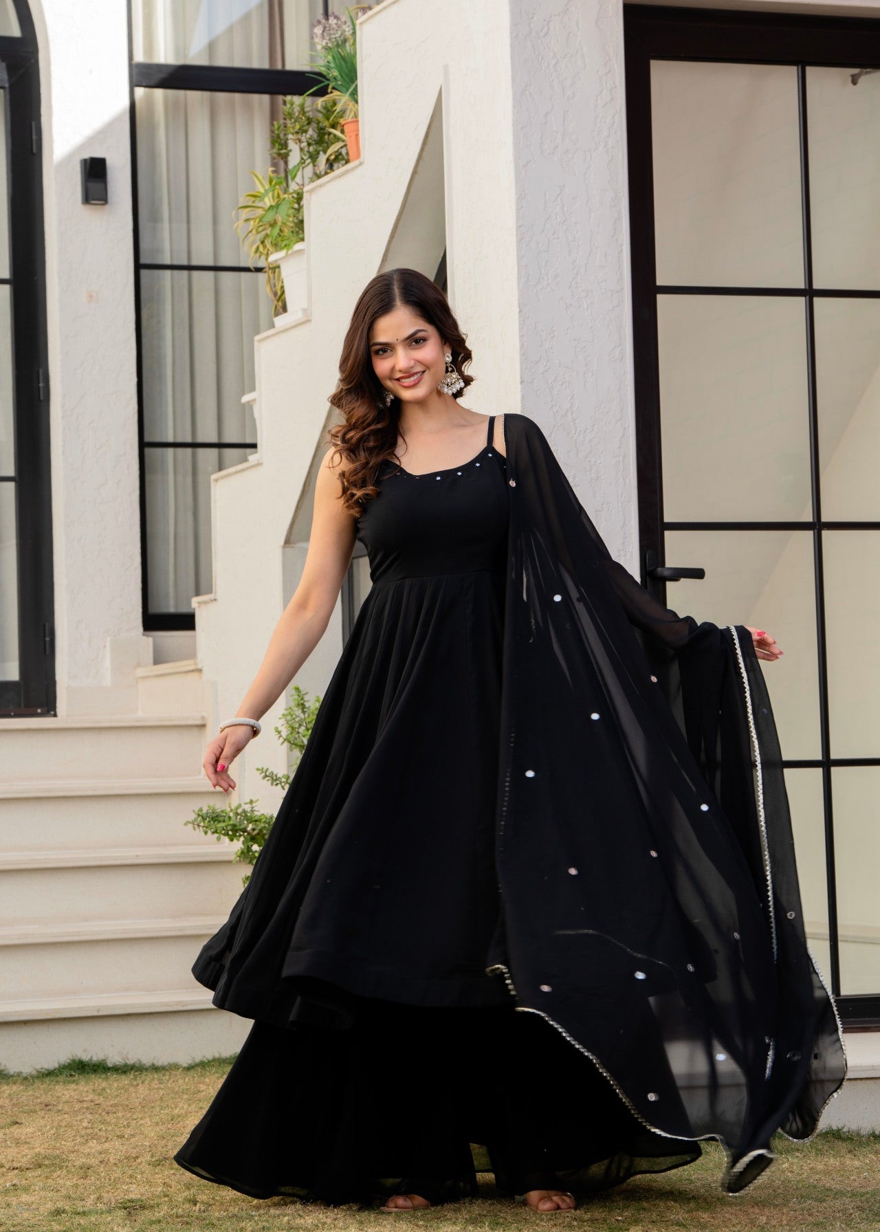 Festive Ethnic Wear Black Georgette Anarkali Palazzo Set with Dupatta Online in India