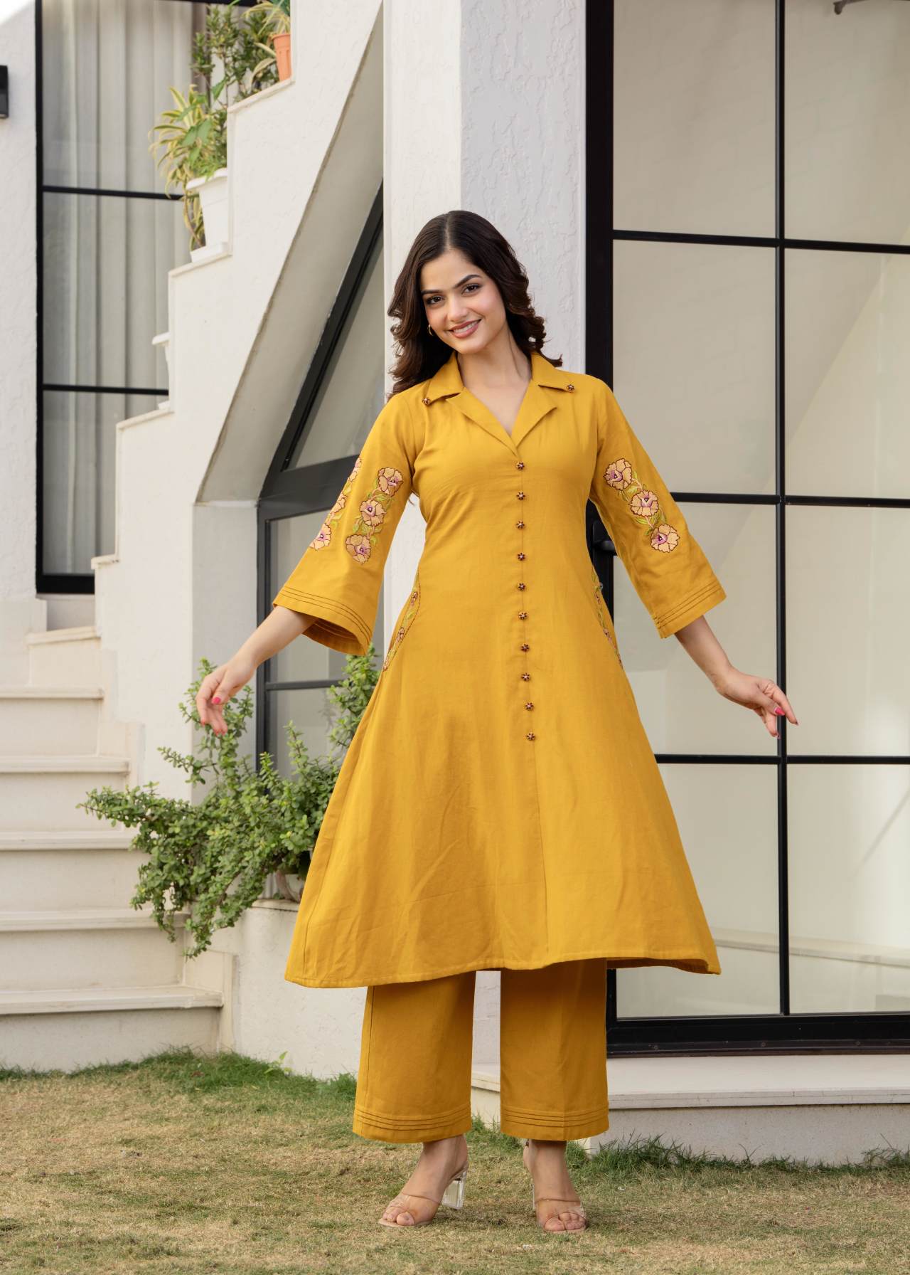 Mustard Hand Embroidered Cotton Co-ord Set Online for Women
