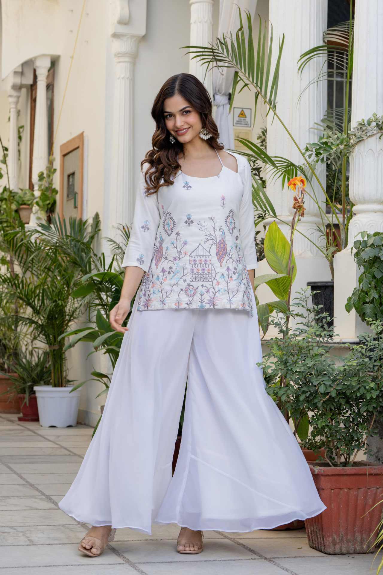 "Buy Halter Neck Style Corset Back Ivory Embroidered Kurti with Palazzo for Women"