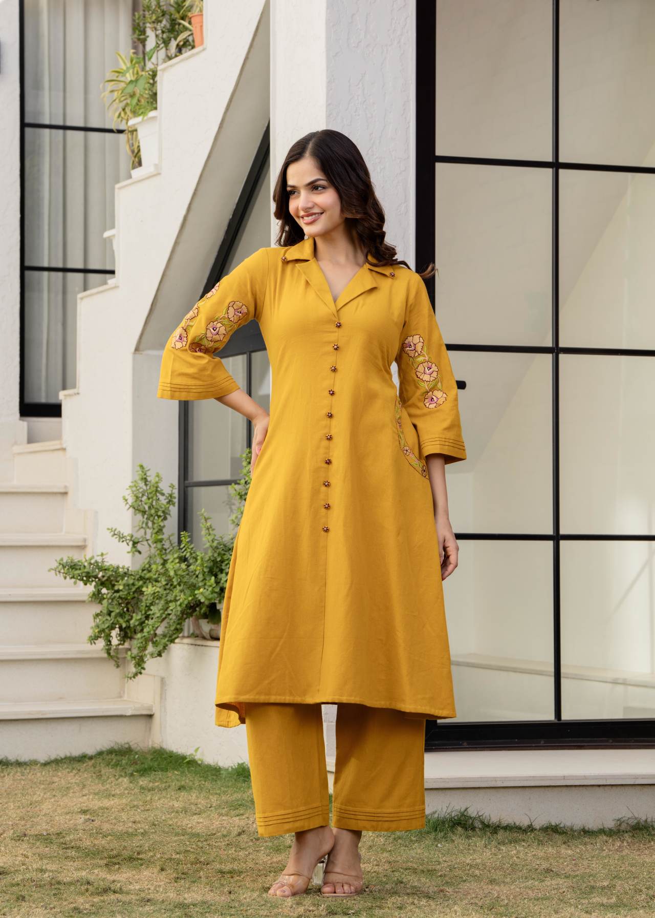 "Mustard Hand Embroidered Cotton Co-ord Set Online for Women"