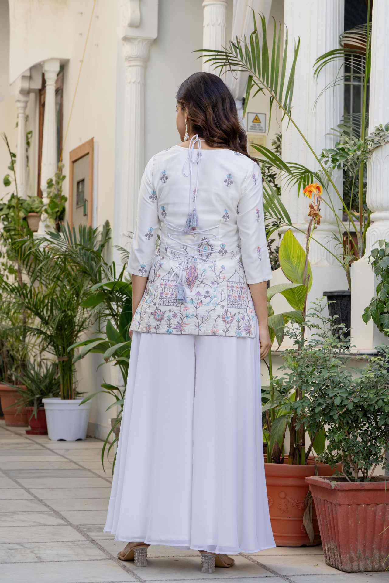 Buy Halter Neck Style Corset Back Ivory Embroidered Kurti with Palazzo for Women