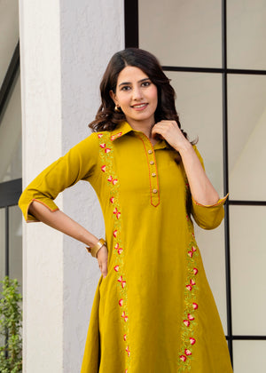Mehar Goldenrod Embroidered Cotton Flex Co-ord Set for Women