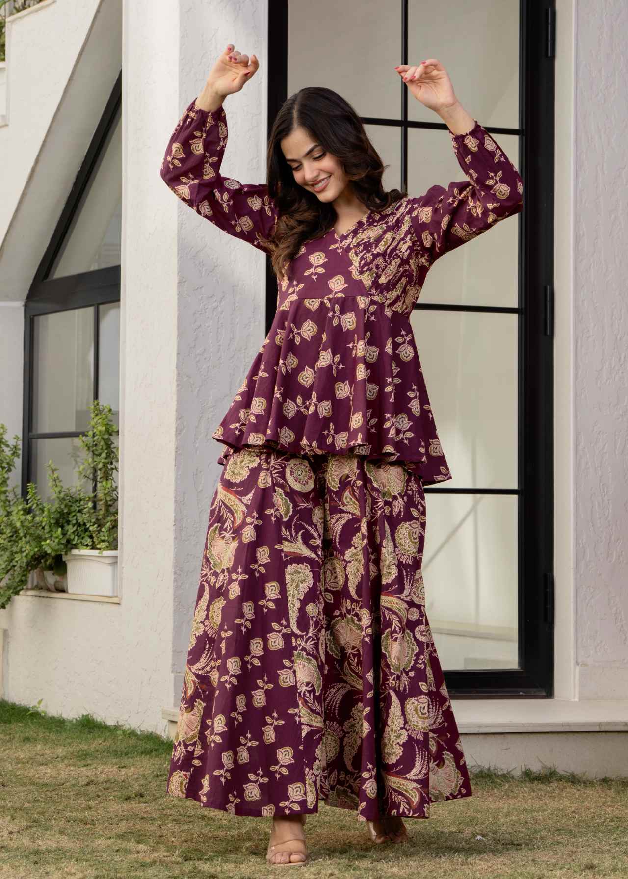 Buy Designer Wine Floral Printed Premium Cotton Co-ord Set for Women Online