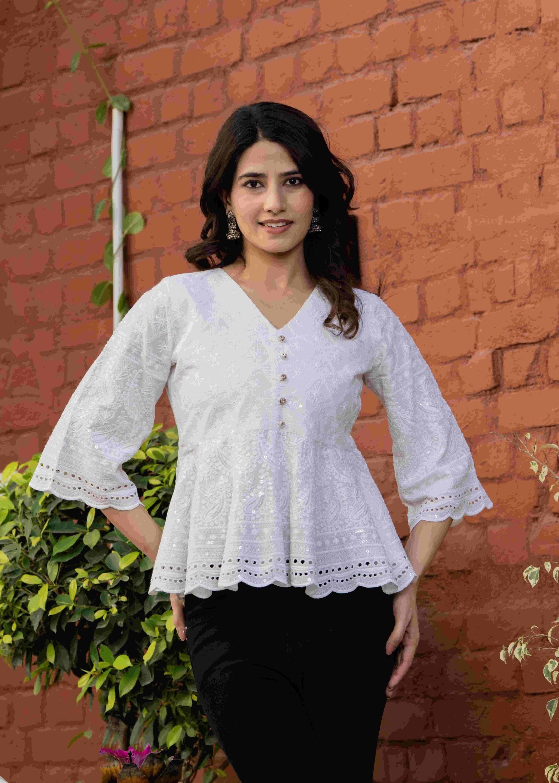 Buy Chitta White Chikankari Peplum Tops For Women