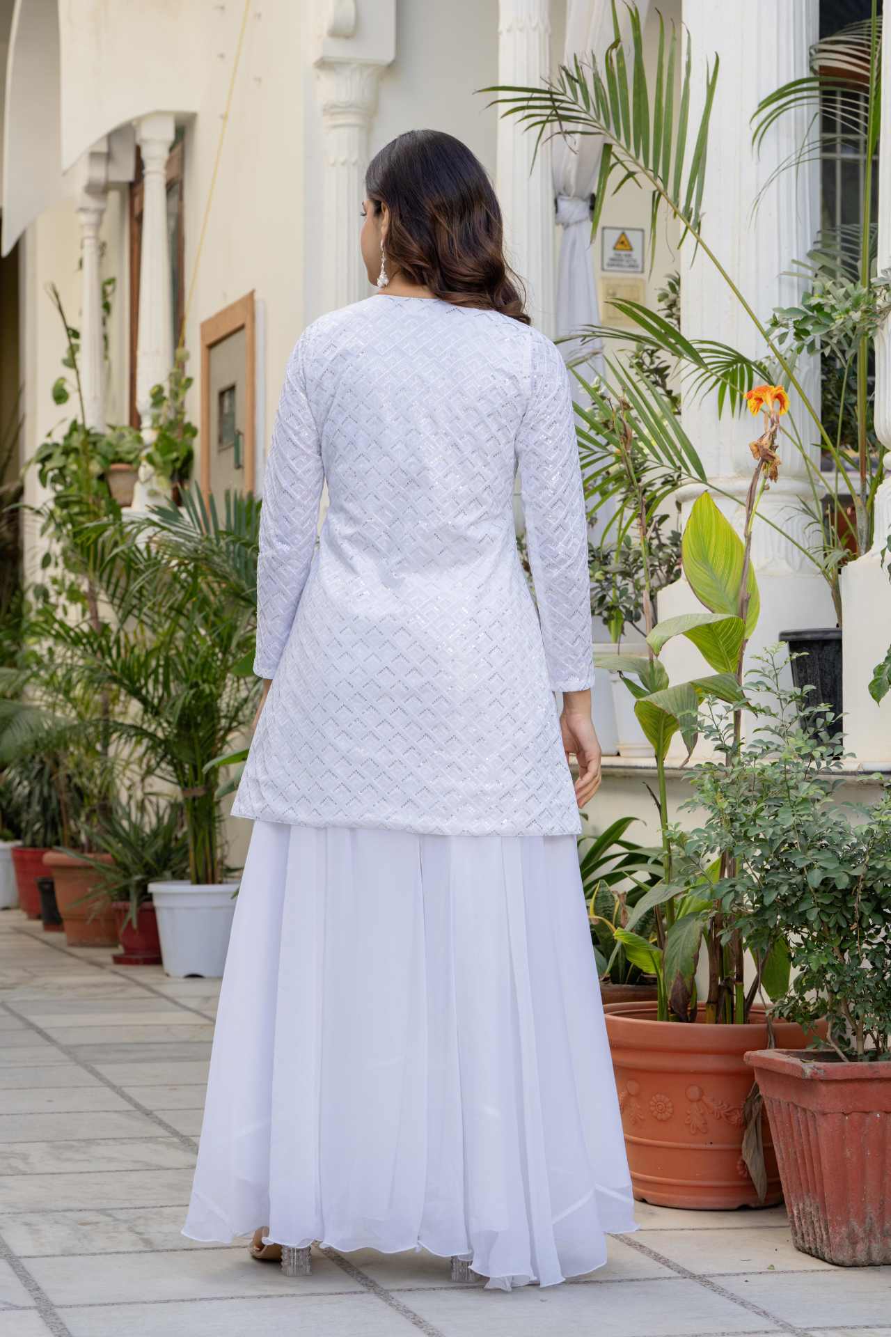 Shop Festive Ethnic Wear White Georgette Kurti Palazzo Set for Women