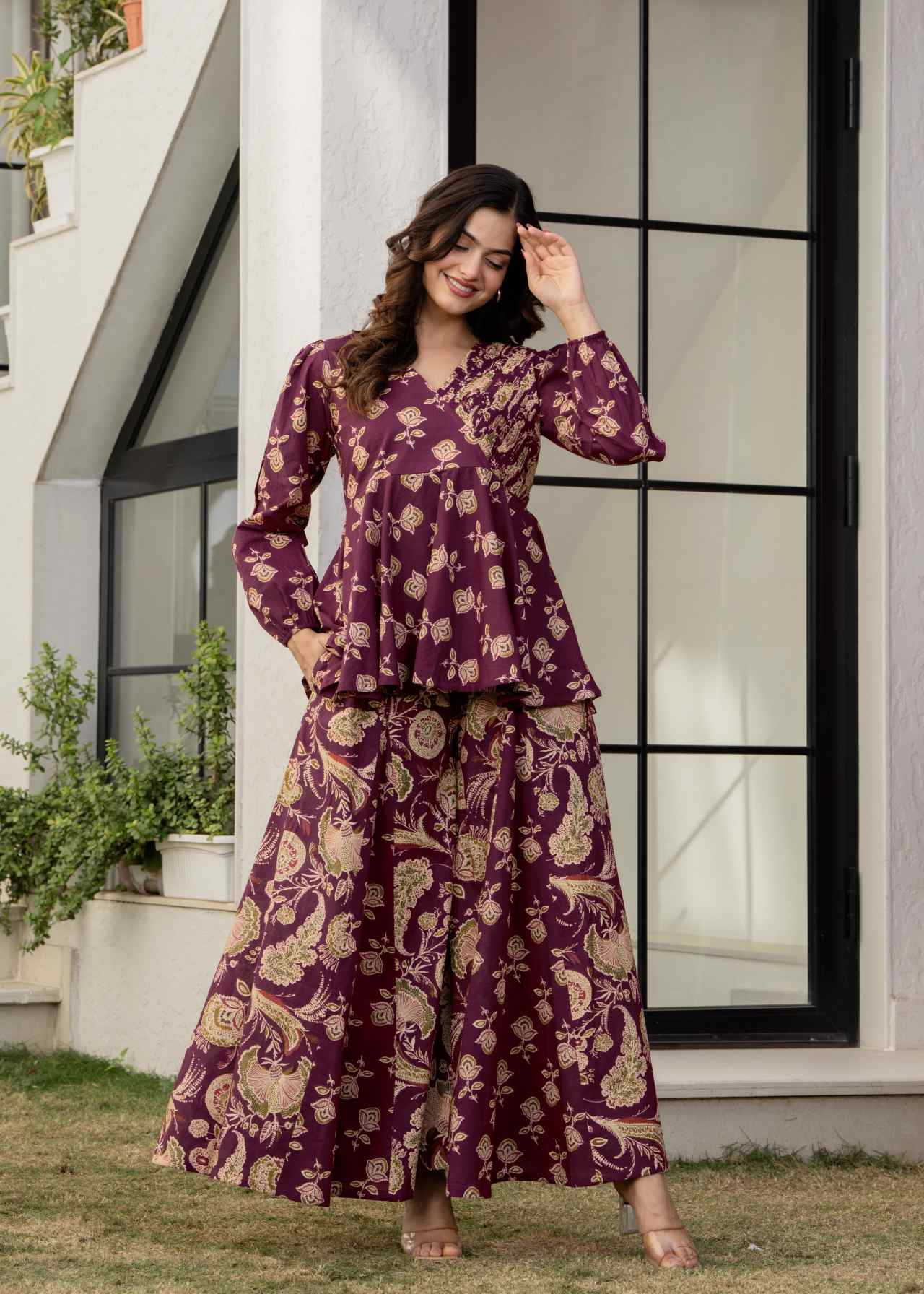"Buy Designer Wine Floral Printed Premium Cotton Co-ord Set for Women Online"