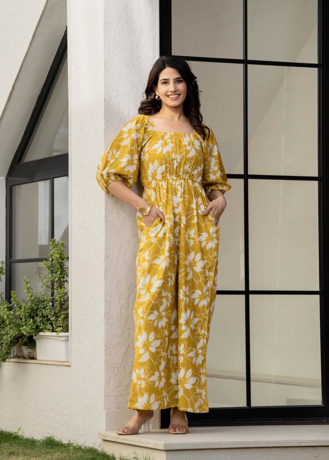 Buy Yellow Mustard Floral Printed Cotton Jumpsuit Online