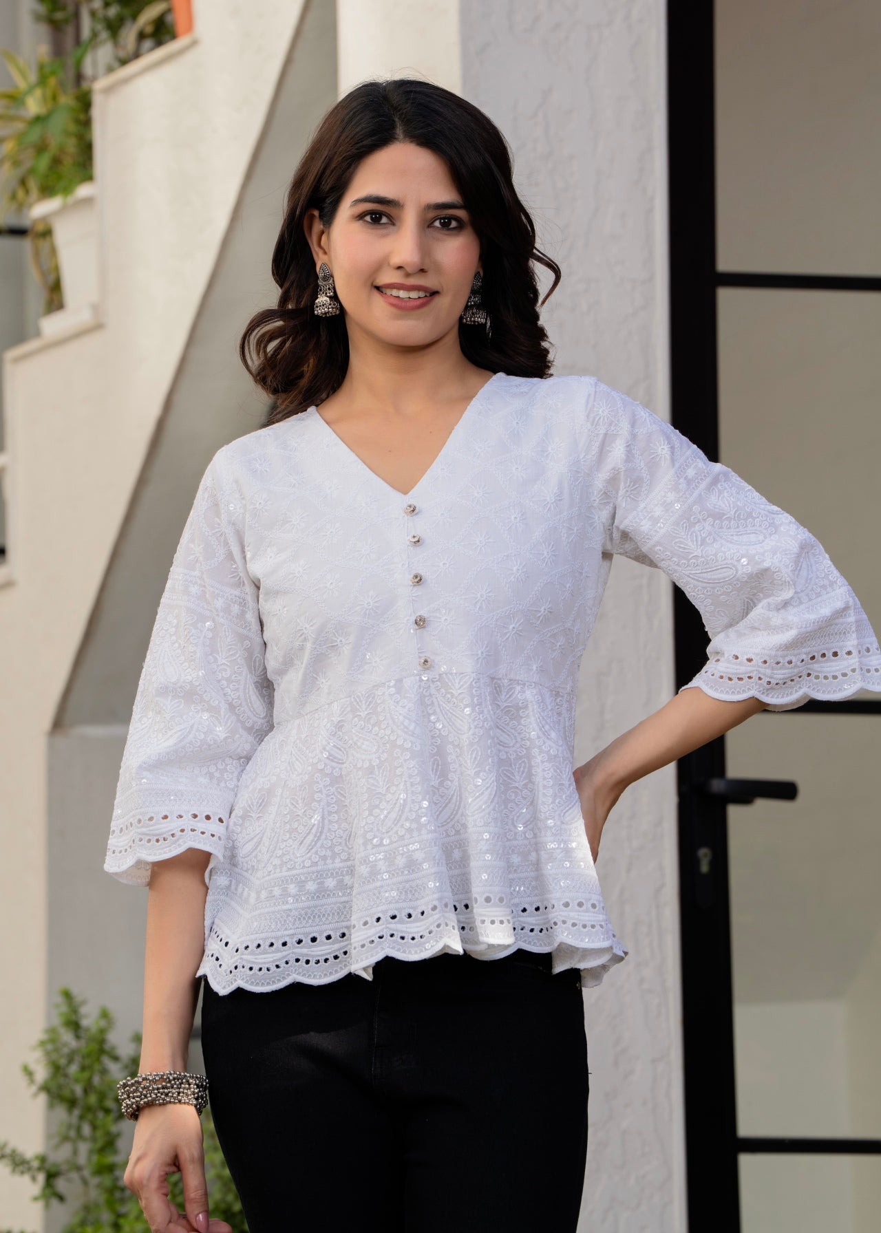 Buy Chitta White Chikankari Peplum Tops For Women