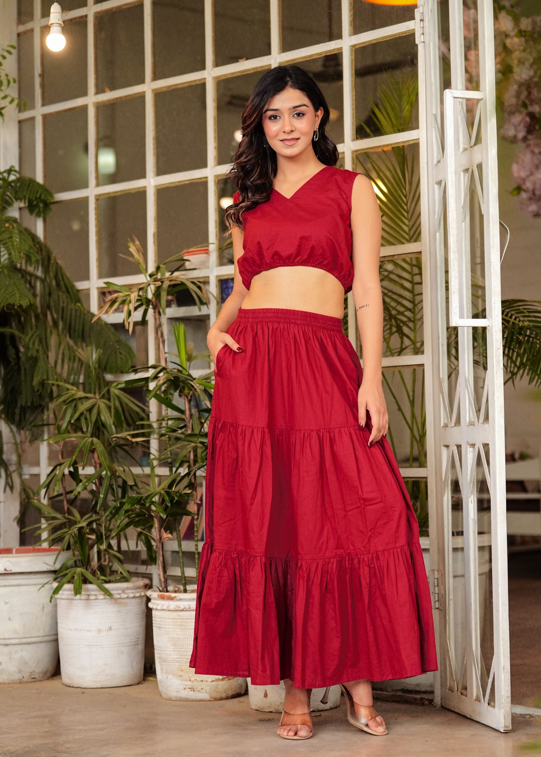 "Zyra Crimson Red Long Maxi Skirt"