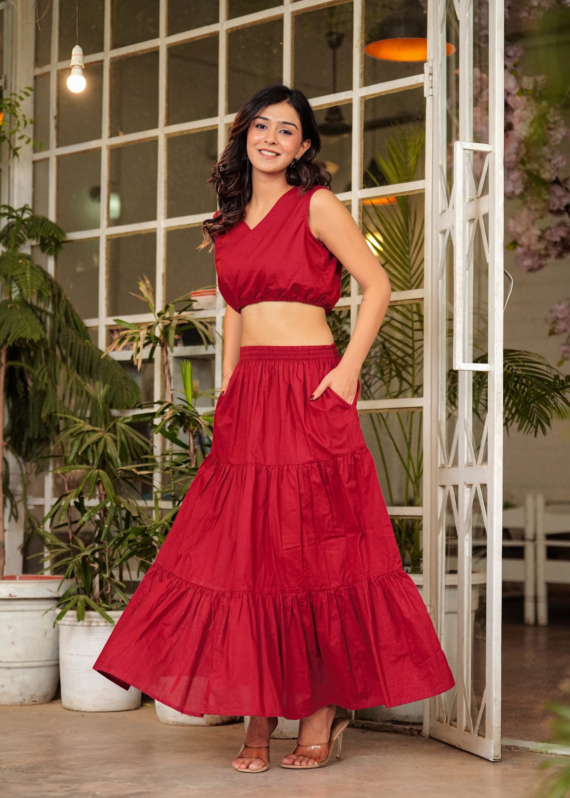 "Zyra Crimson Red Long Maxi Skirt"