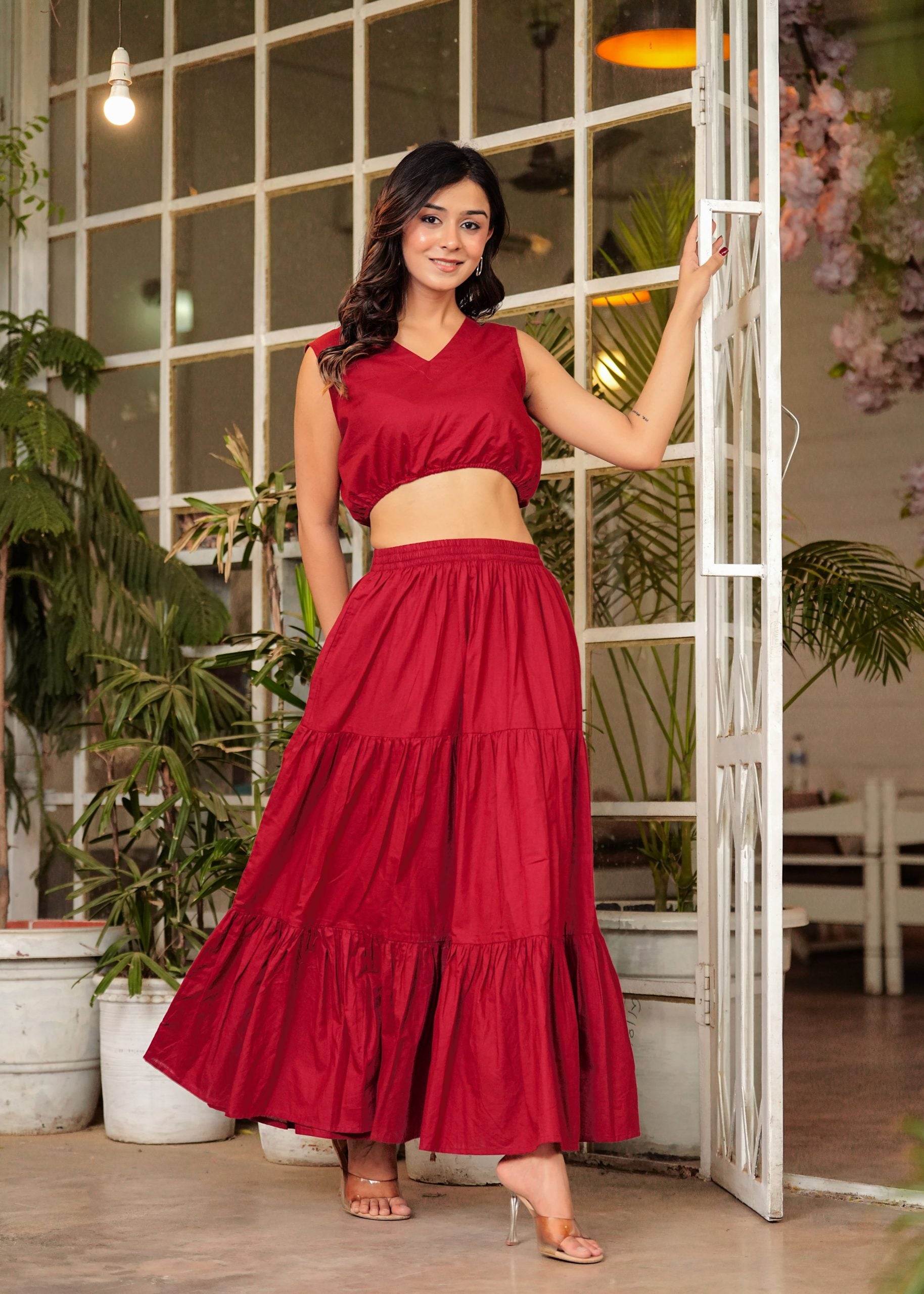 "Zyra Crimson Red Long Maxi Skirt"