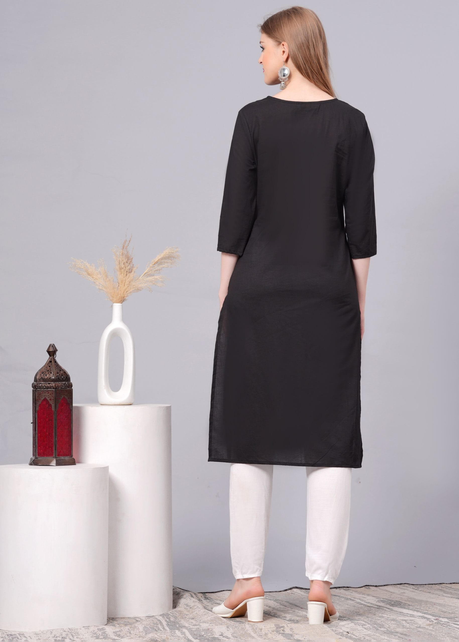 Cotton Black Embroidery Straight Kurti - View 2